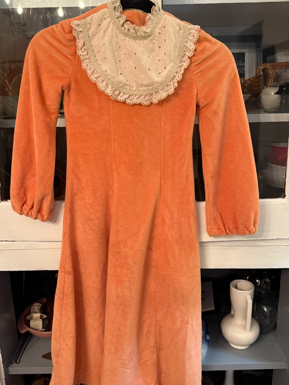 Kids Orange Vintage homemade Dress with Lace Bib